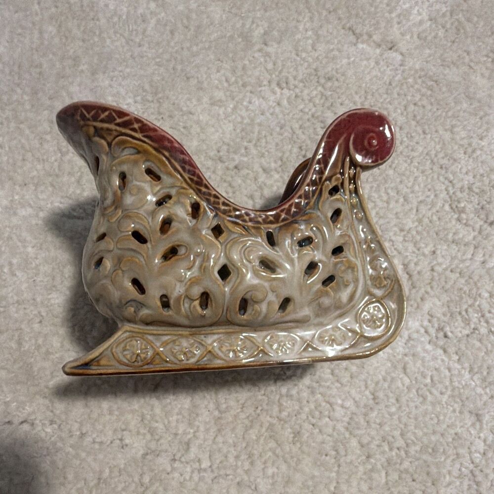 Glazed Ceramic Hand Painted Floral Christmas Sleigh Figurine, Beige Red Gold